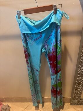 Tiare Hawaii Light Blue Floral Fold-Over Waist Wide Leg Pants